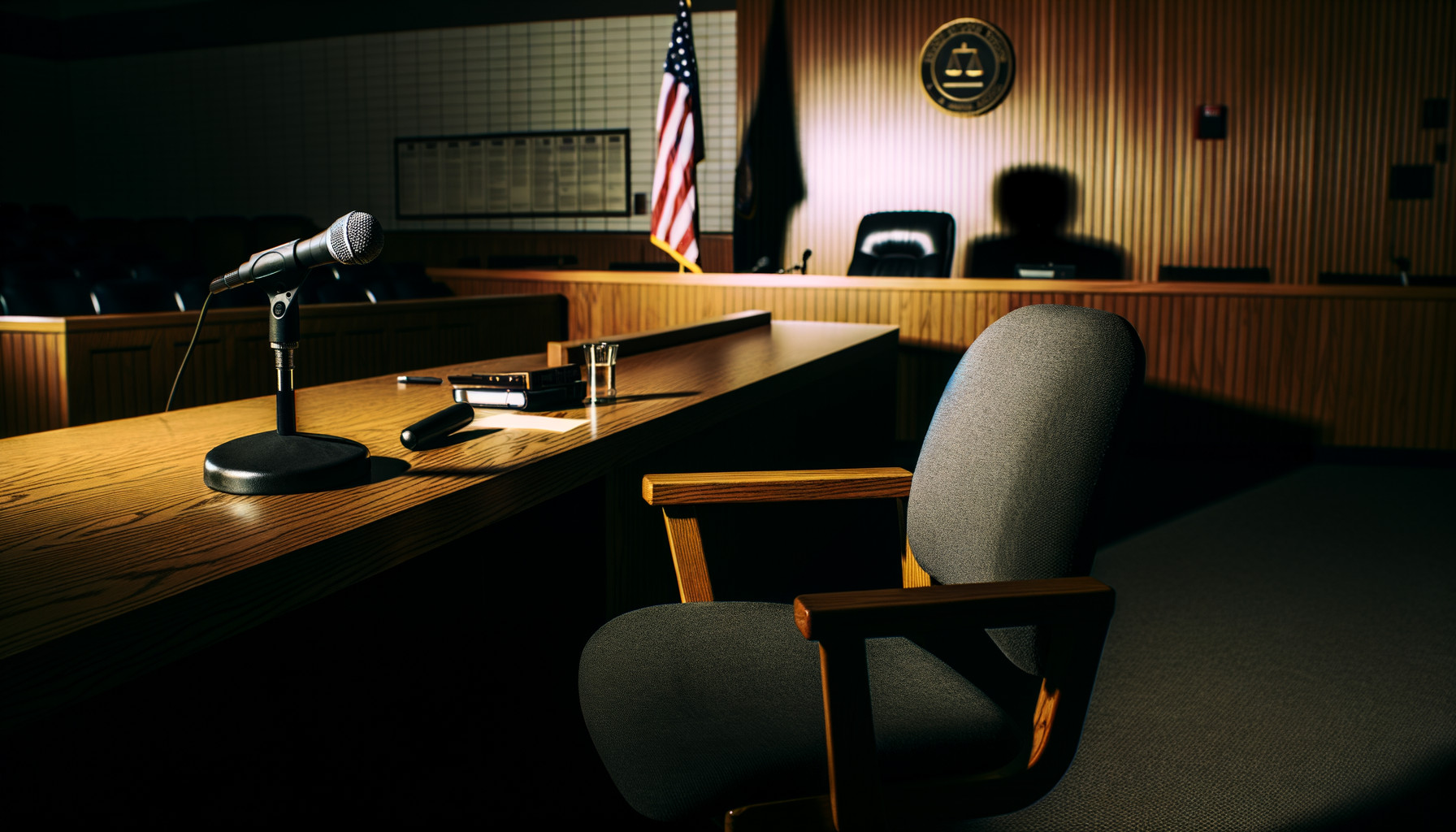 Empty witness stand in Kansas courthouse with scattered legal documents
