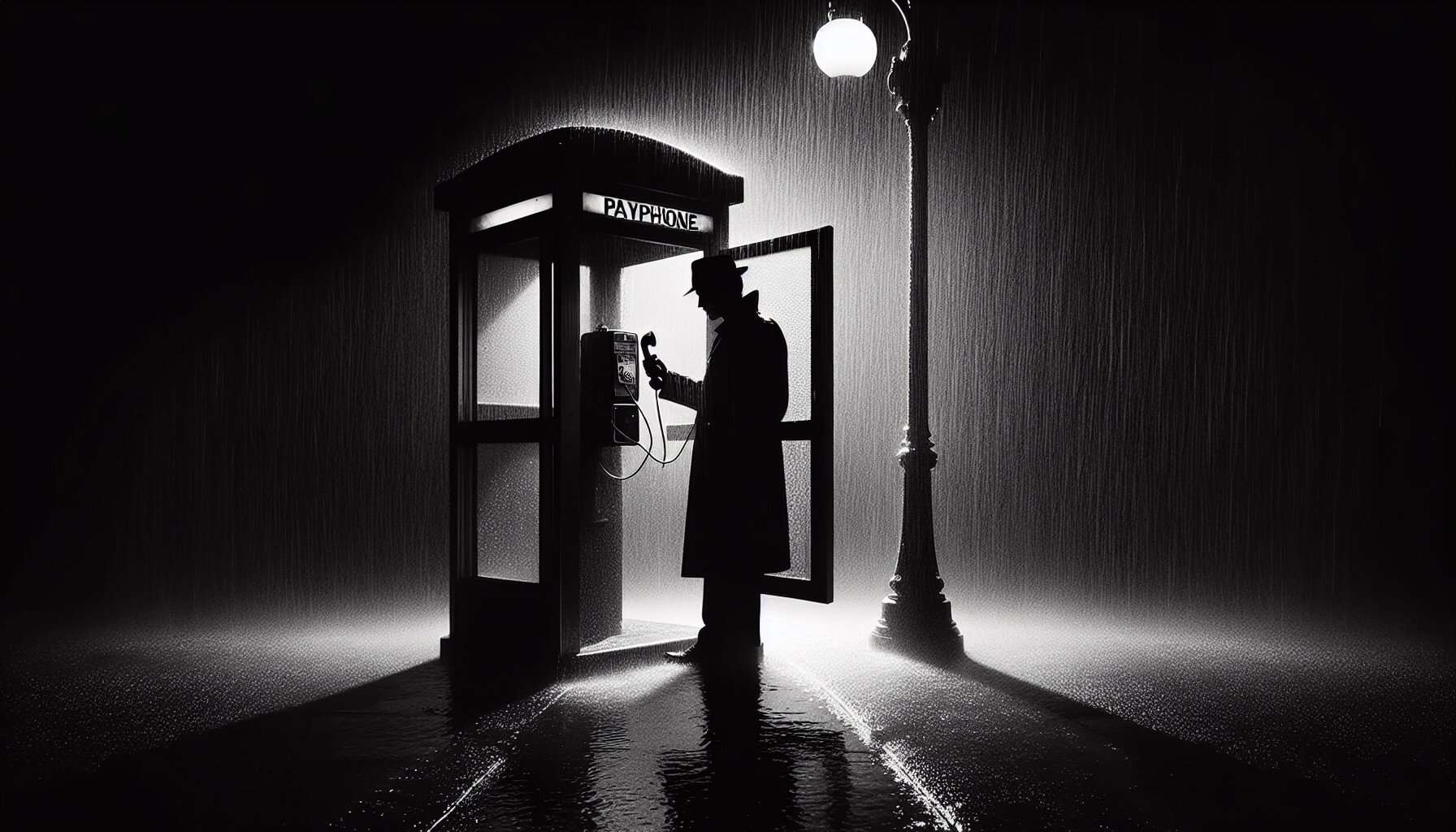 Silhouette of a person using a payphone in a dark, rainy urban street scene.
