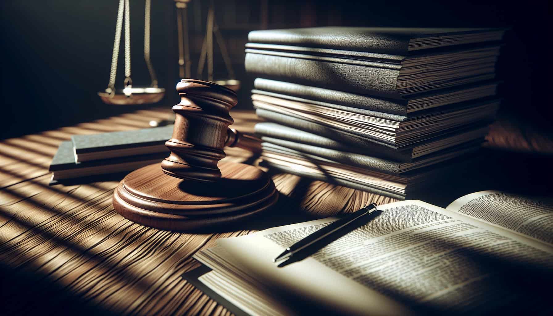 Gavel, legal books, and scales of justice on a wooden desk.