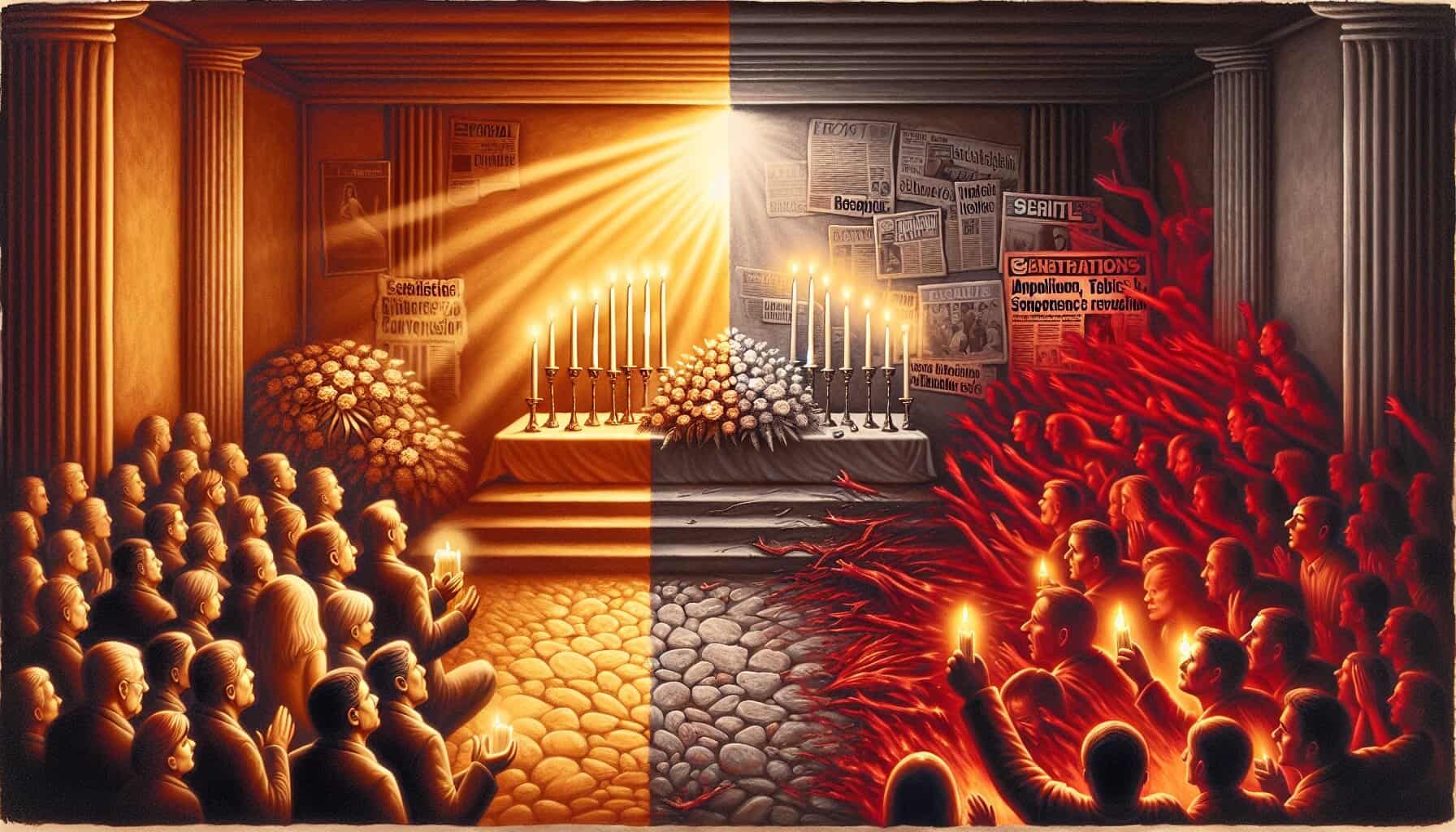 Haunting funeral scene divided into peaceful and chaotic sides, symbolizing mysterious true crime cases and unheard stories.
