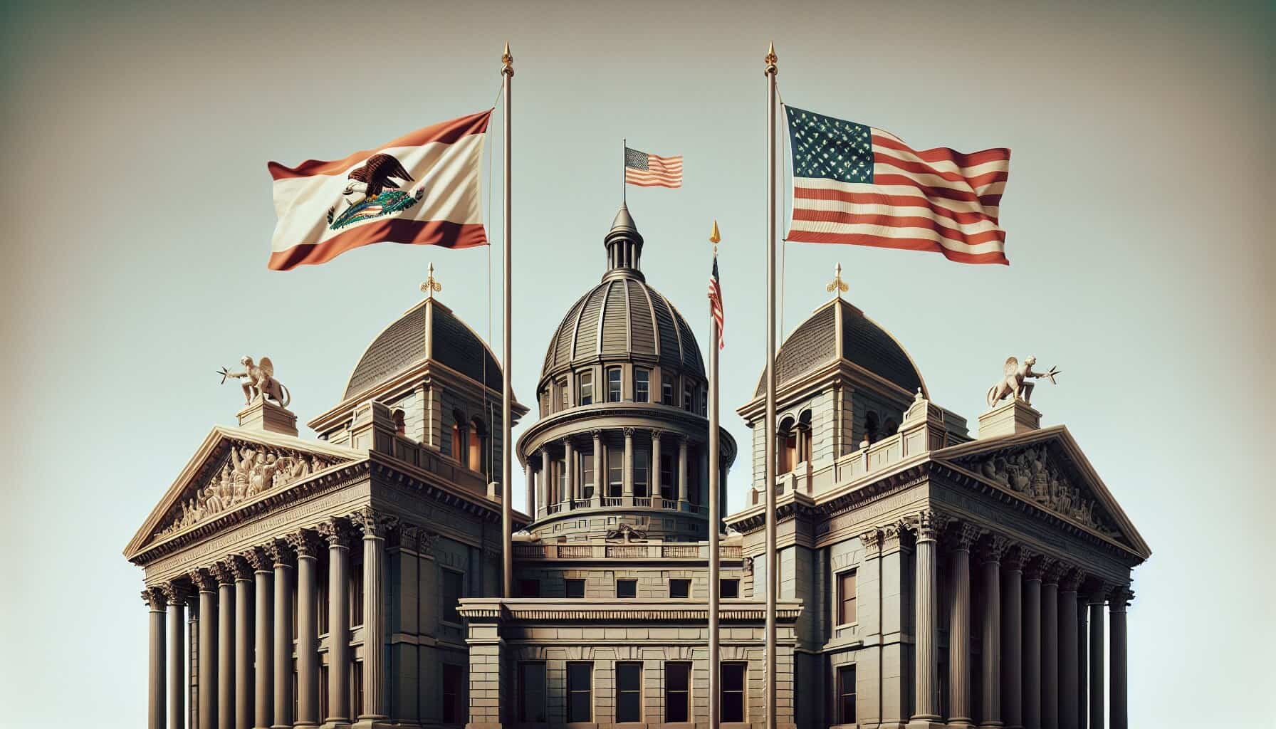 Flags flying over historic government building, symbolizing justice and legal system.