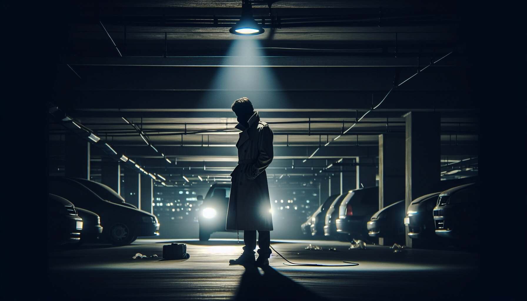 Dark parking garage with a silhouetted figure and suspicious activity illustration.