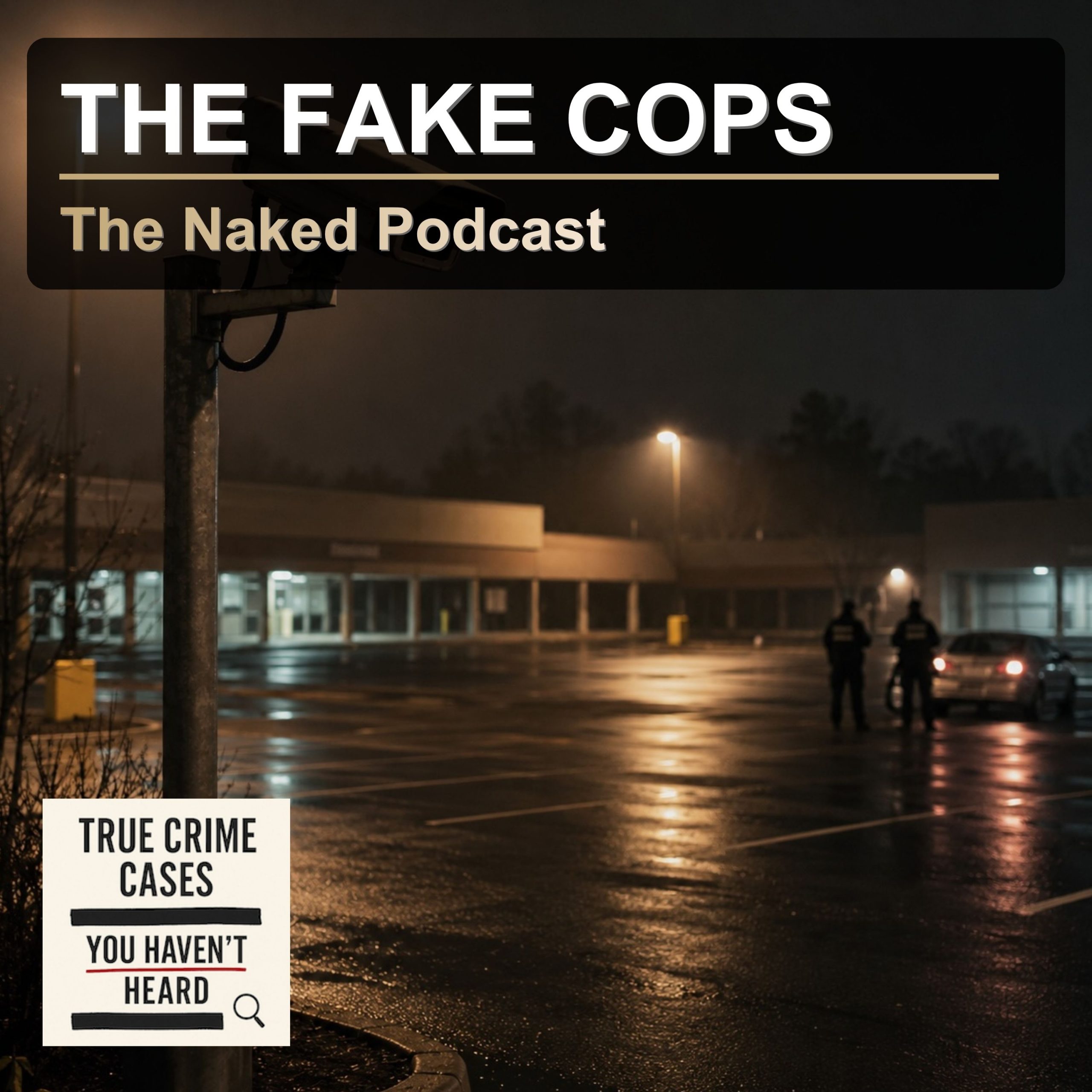 Nighttime street scene with a large poster on a pole reading 'TRUE CRIME CASES YOU HAVEN'T HEARD' in bold letters, reflected on wet pavement.