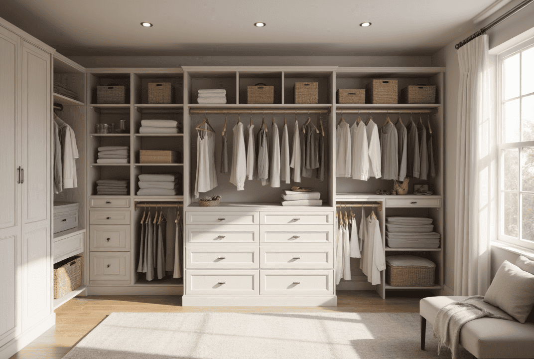 Custom closet in Sarasota with vertical shelving, tiered hanging rods, floating storage, and smart drawer systems.