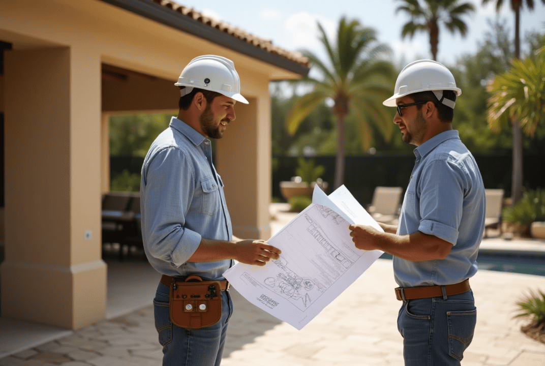 Sarasota homeowner reviewing permits and codes for outdoor kitchen with contractor