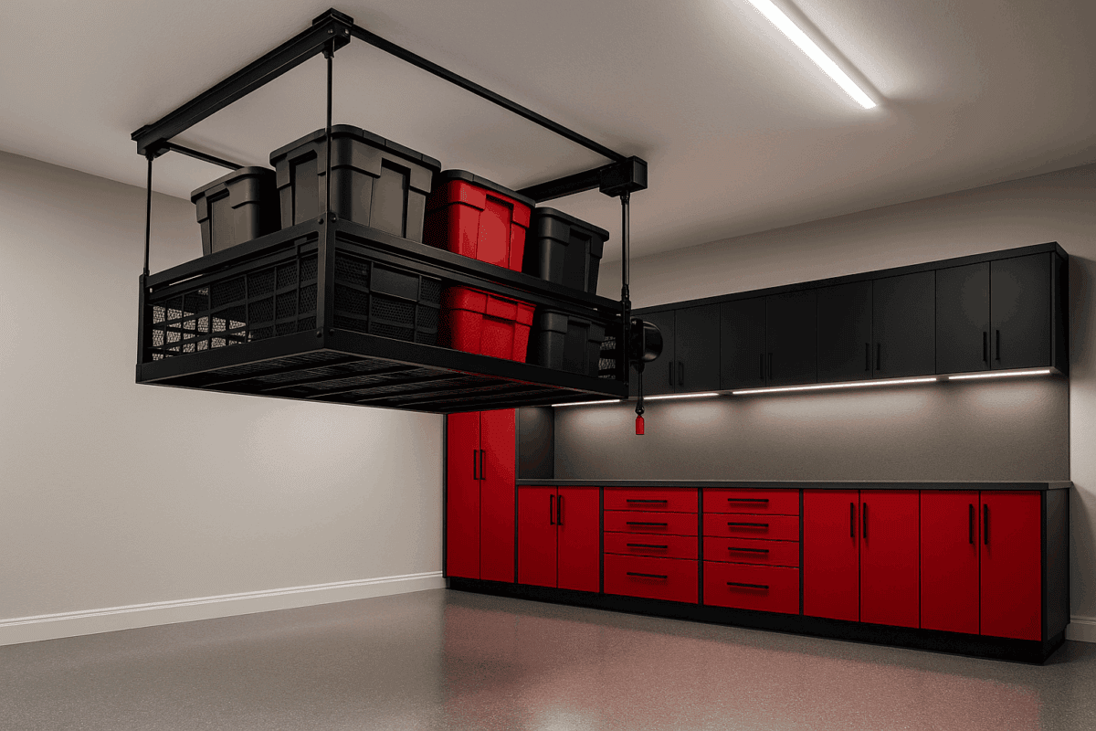 Stylish motorized garage ceiling rack with color-matched storage