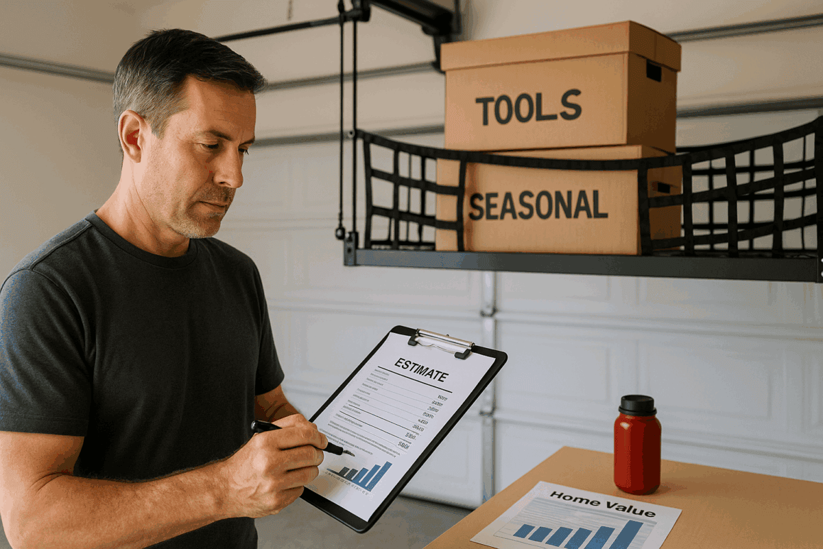 Sarasota homeowner reviewing garage rack installation costs