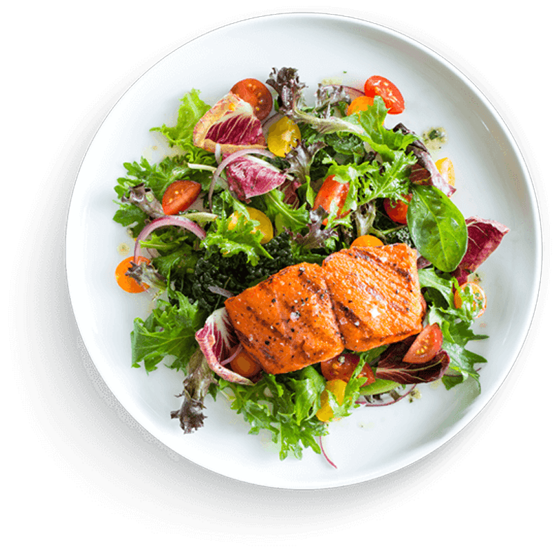 Fresh salmon salad with mixed greens, cherry tomatoes, and vibrant vegetables on a white plate.