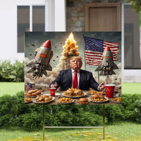 Donald Trump Eating McDonalds with Rockets and Nuclear Warheads Launching Yard Sign