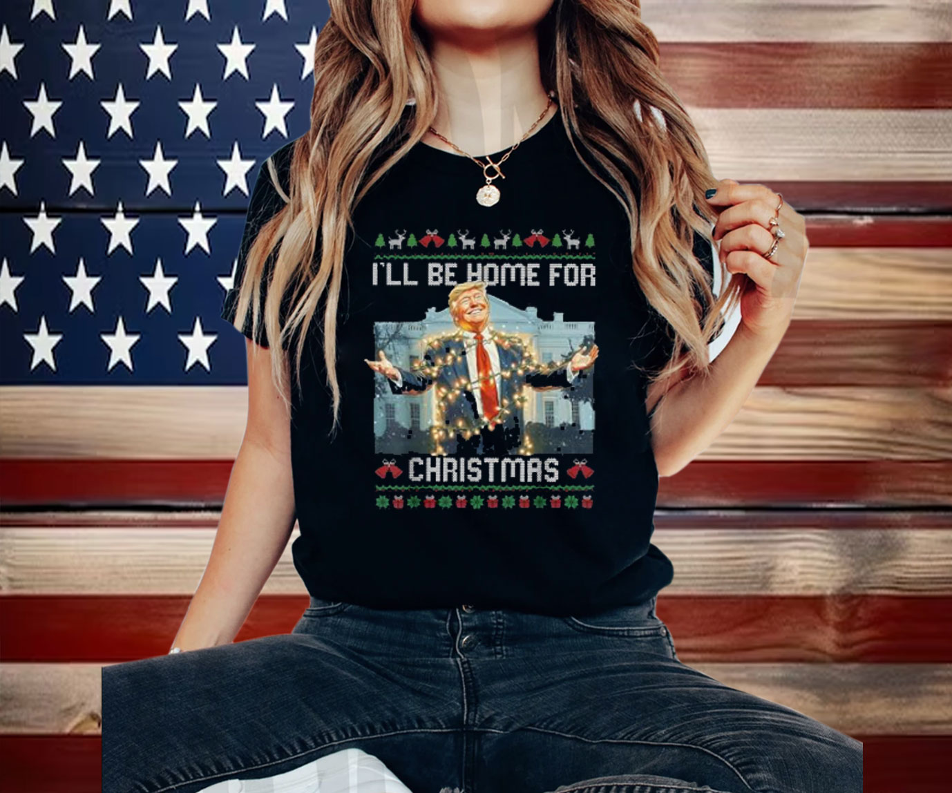 I'll Be Home For Christmas Ugly Sweaters Santa Trump Xmas Shirt