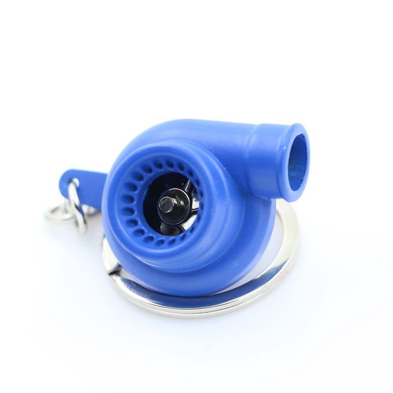 A blue metal spinning turbo keychain with rotating turbo blades.