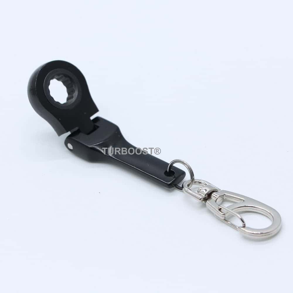 Black 10mm ratchet wrench keychain with laser engraved logo
