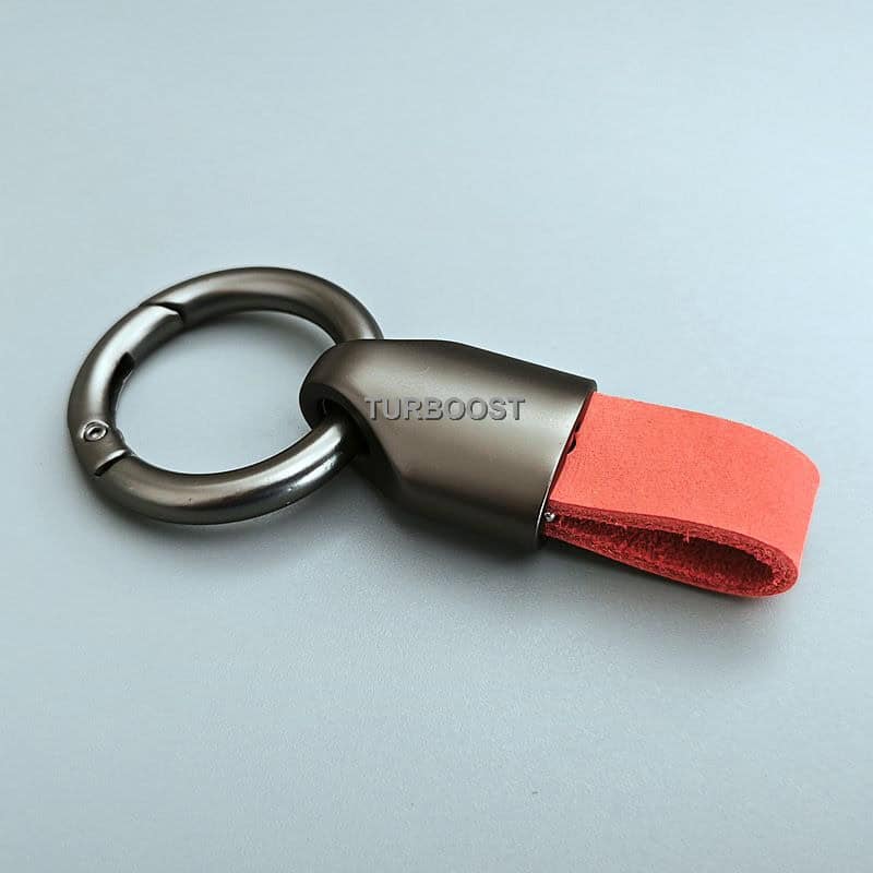 Custom car keychain with orange genuine leather and a metal ring clip