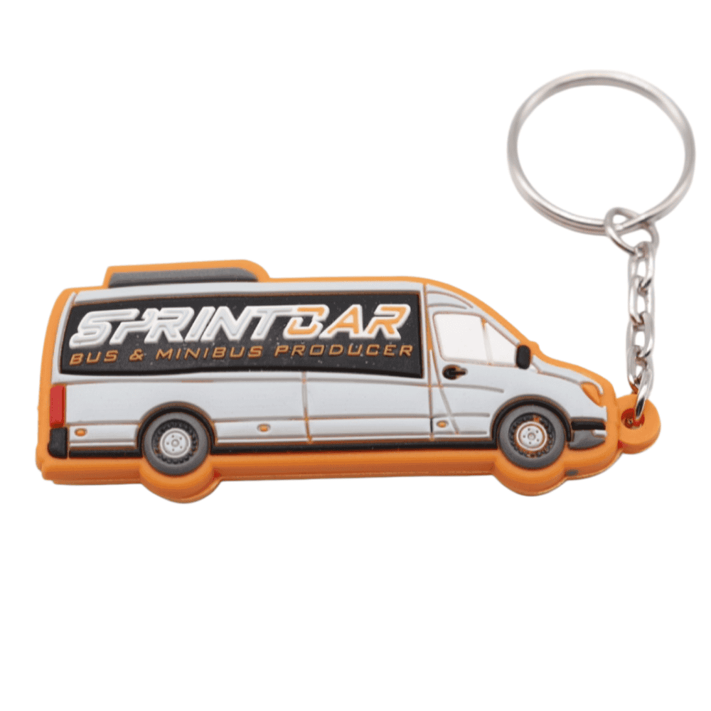 Custom car shaped soft PVC keychains with RAC branding for bulk promotional orders.