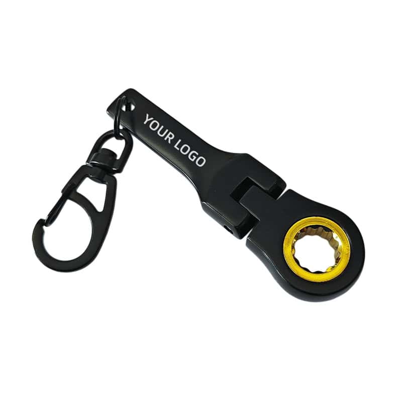 Black 10mm gold inner gear ratchet wrench keychain customized with laser engraved logo