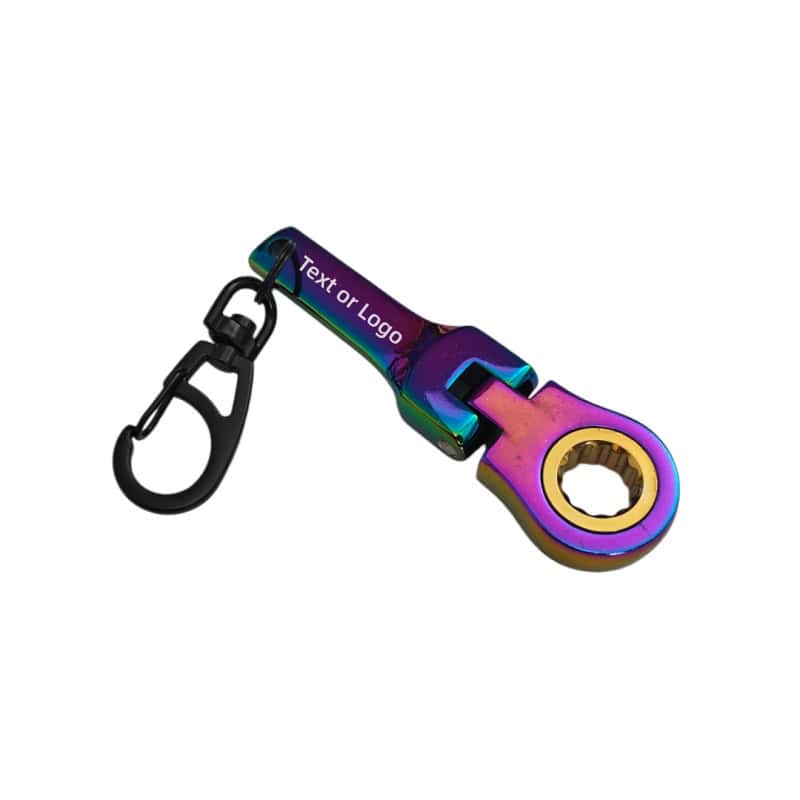 rainbow neo chrome 10mm flex ratchet wrench keychain with gold inner gear