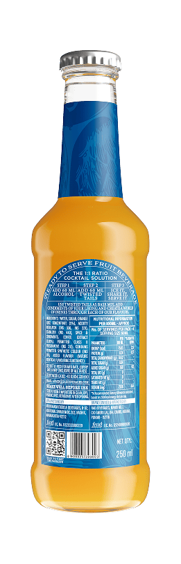 Refreshing beverage in a yellow bottle with blue label, perfect for cocktails and mixers.