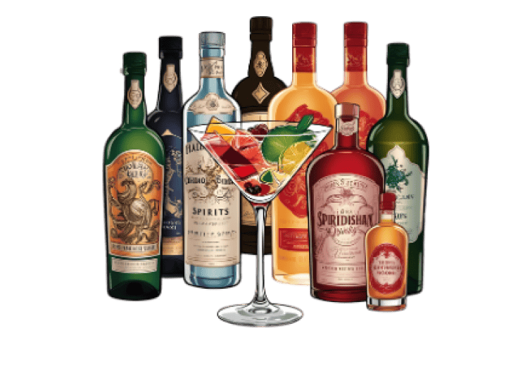 Bottles of liquor and cocktail in a martini glass, Twisted Tails alcohol drinks, spirits, cocktails, bar, mixology, alcoholic beverages, premium spirits.