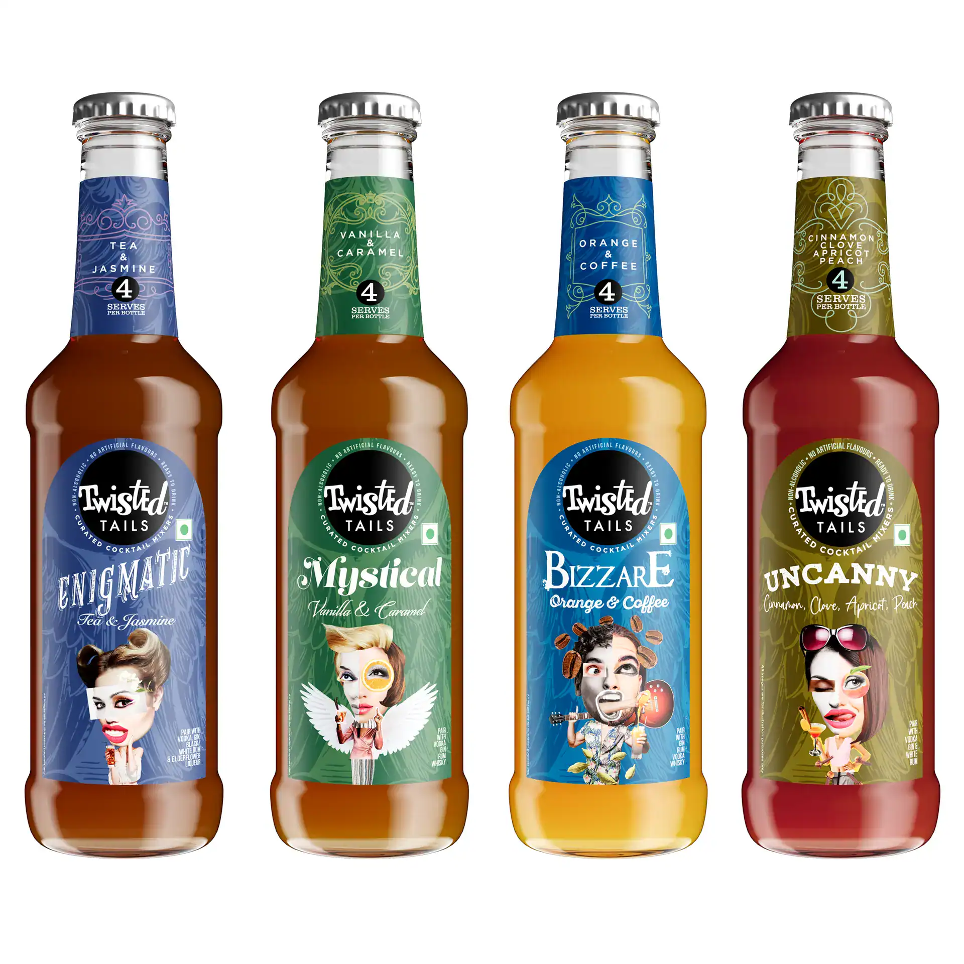Vibrant bottles of Twisted Tails cocktail mixers with creative labels showcasing flavors.
