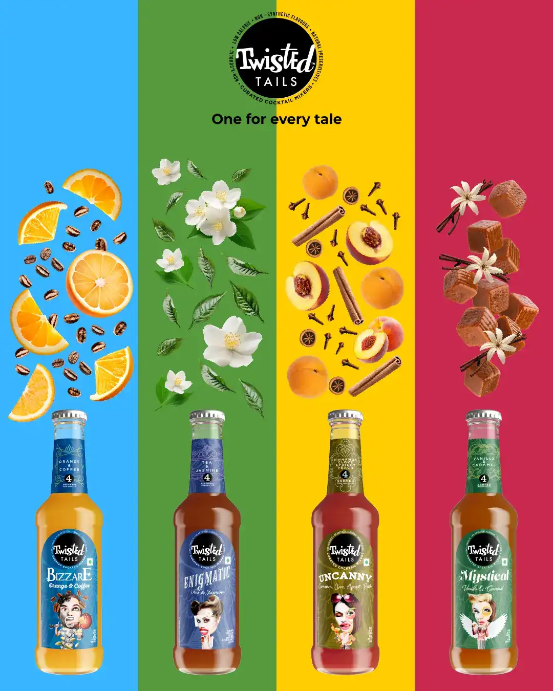 Vibrant colorful drink bottles with fruity and floral flavor ingredients from Twisted Tails.