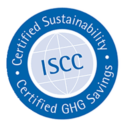 iscc Sello ISCC Certified Sustainability: texto 'ISCC Certified Sustainability • Certified GHG Savings' alrededor de un globo gris dentro de un círculo azul
