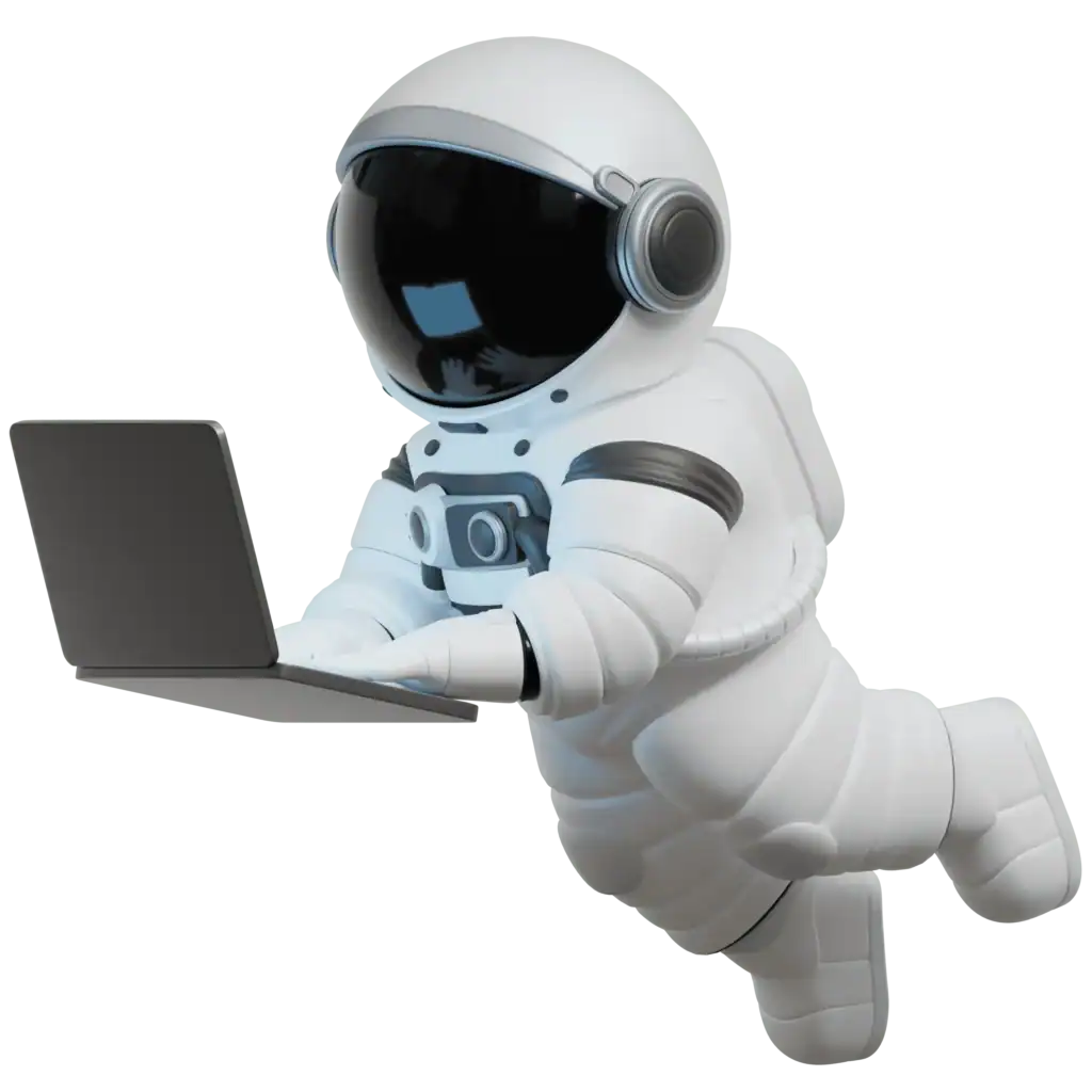Astronauta trabajando en portátil que representa método de trabajo de la agencia de marketing digital