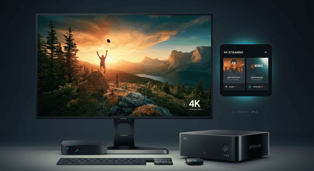 Close-up of 4K streaming on IPTV free trial showing vibrant colors and ultra-sharp details on a smart TV screen – enhancing viewer experience with crystal-clear resolution