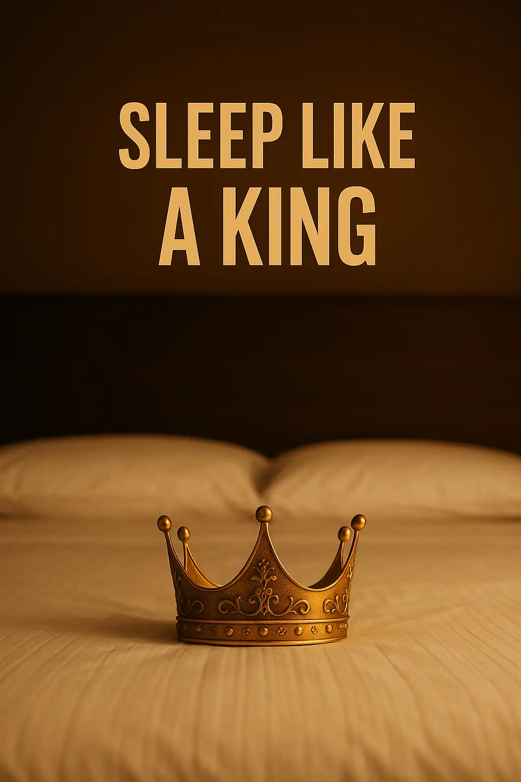 Relaxing bed with a king-sized crown and motivational quote about sleep for men and women.