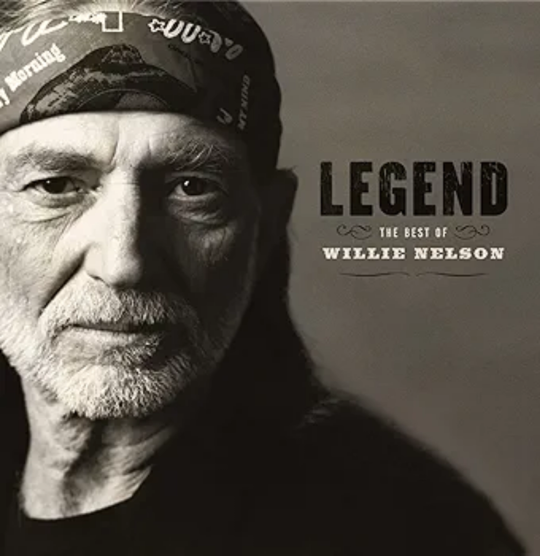 (ALWAYS ON MY MIND) - Black and white portrait of Willie Nelson wearing a bandana, featured on Legend: The Best of Willie Nelson album cover, highlighting age, wisdom, and musical legacy.