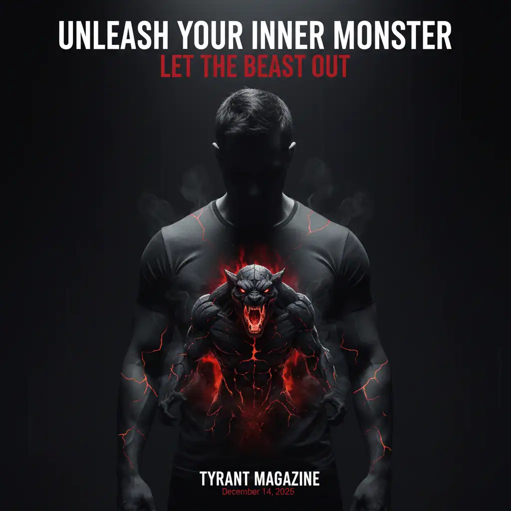 Dark silhouette of a man with a fiery demon graphic on shirt, symbolizing unleashing inner monster, for Tyrant Magazine.