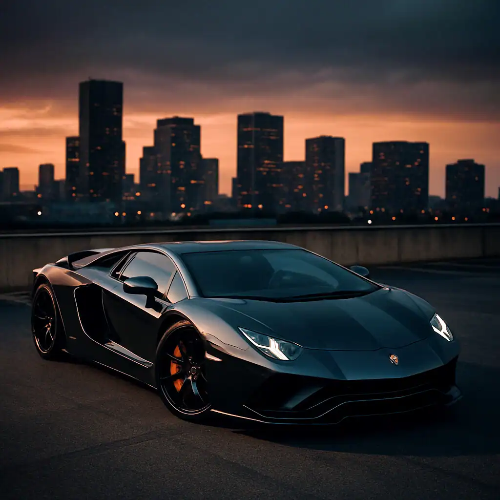Sleek black Lamborghini supercar on city rooftop at sunset, luxury sports car for automotive enthusiasts.