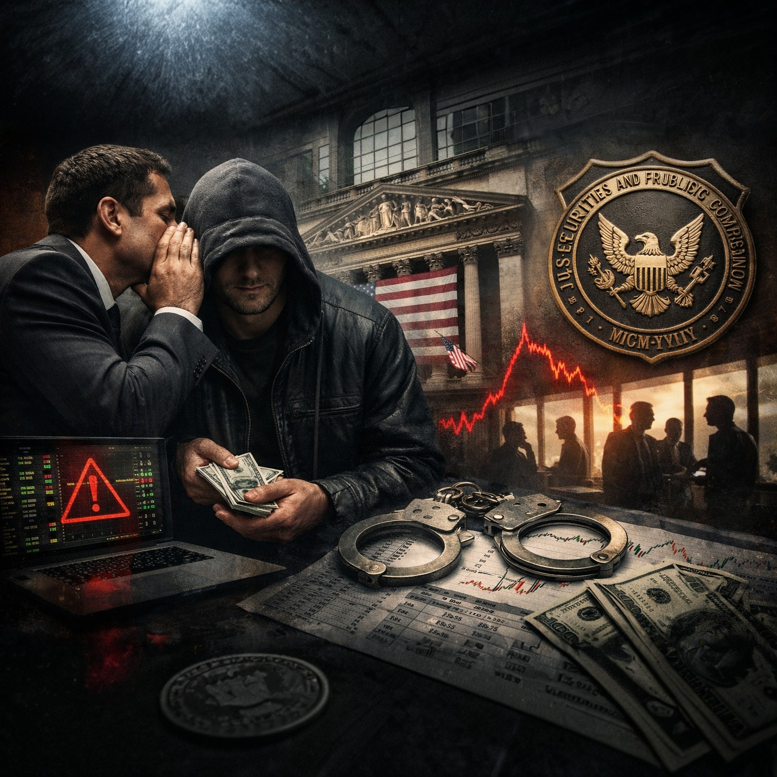 Insider trading illustration showing secret exchange of material non-public information, SEC enforcement symbolism, and stock market manipulation.