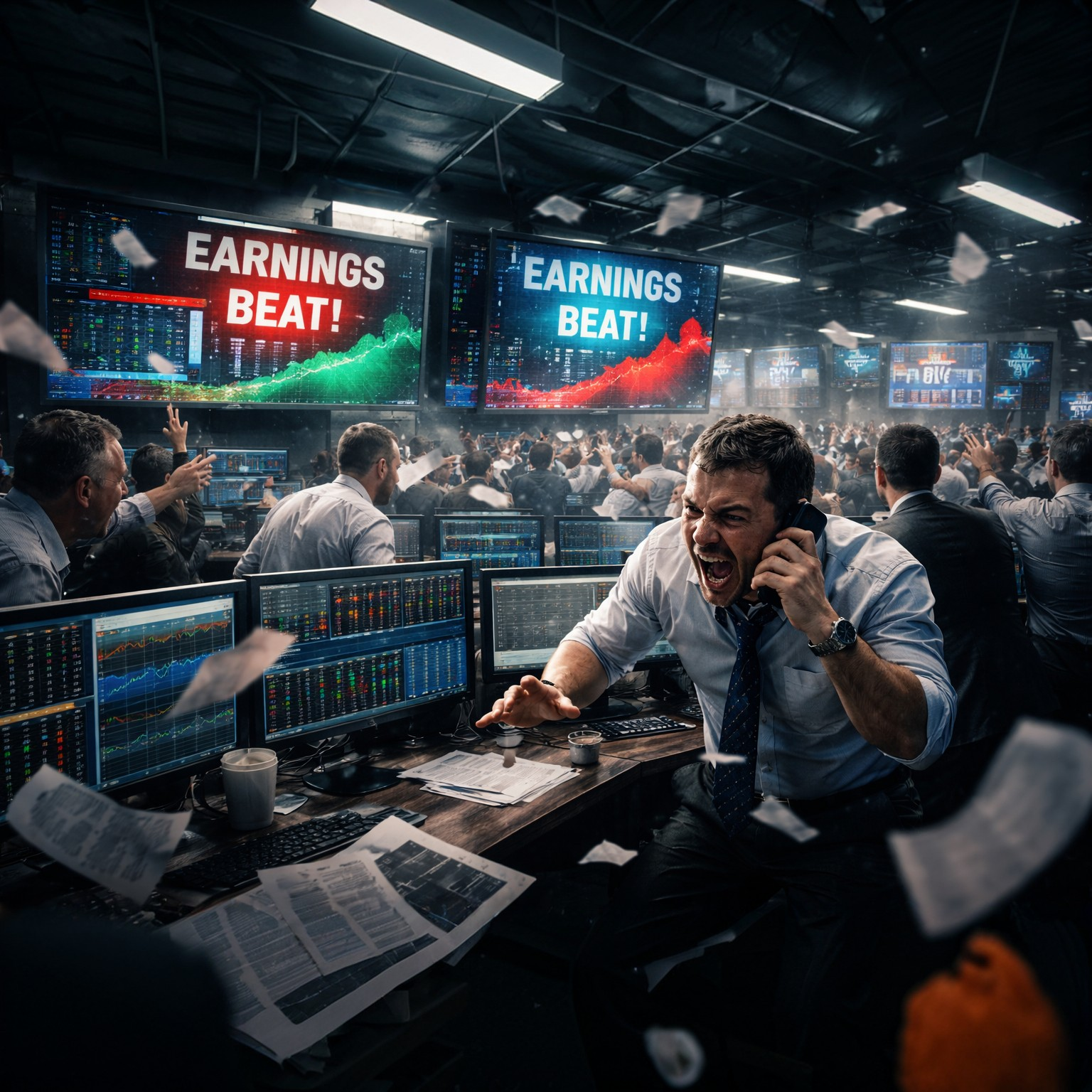 Information-Driven Hedge Fund traders reacting to quarterly earnings announcements on a high-pressure Wall Street trading floor
