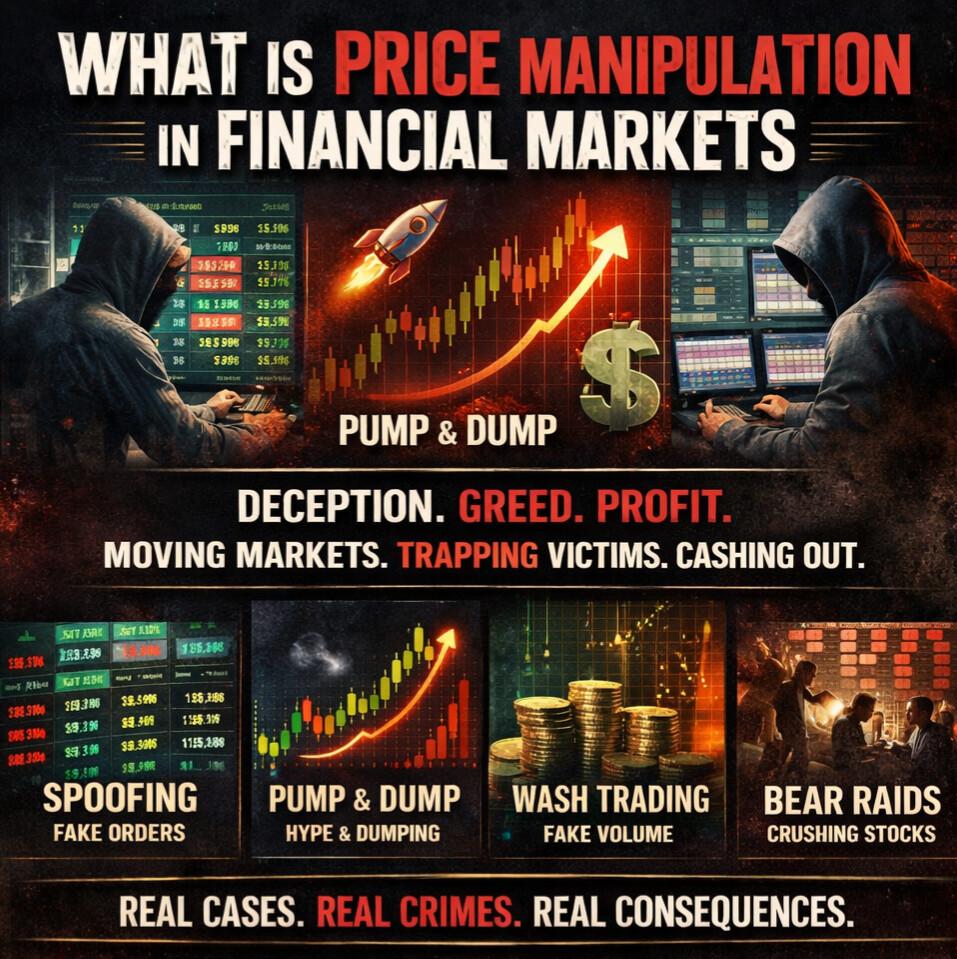 Price manipulation in financial markets showing spoofing, pump and dump schemes, wash trading, and market deception.