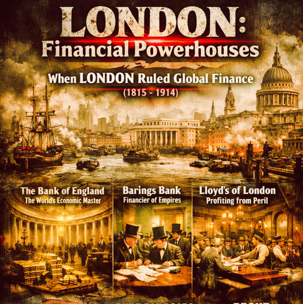 London as the global financial powerhouse from 1815 to 1914, featuring the Bank of England, Barings Bank, Lloyd’s of London, Victorian-era shipping, war finance, railroads, and imperial capital control