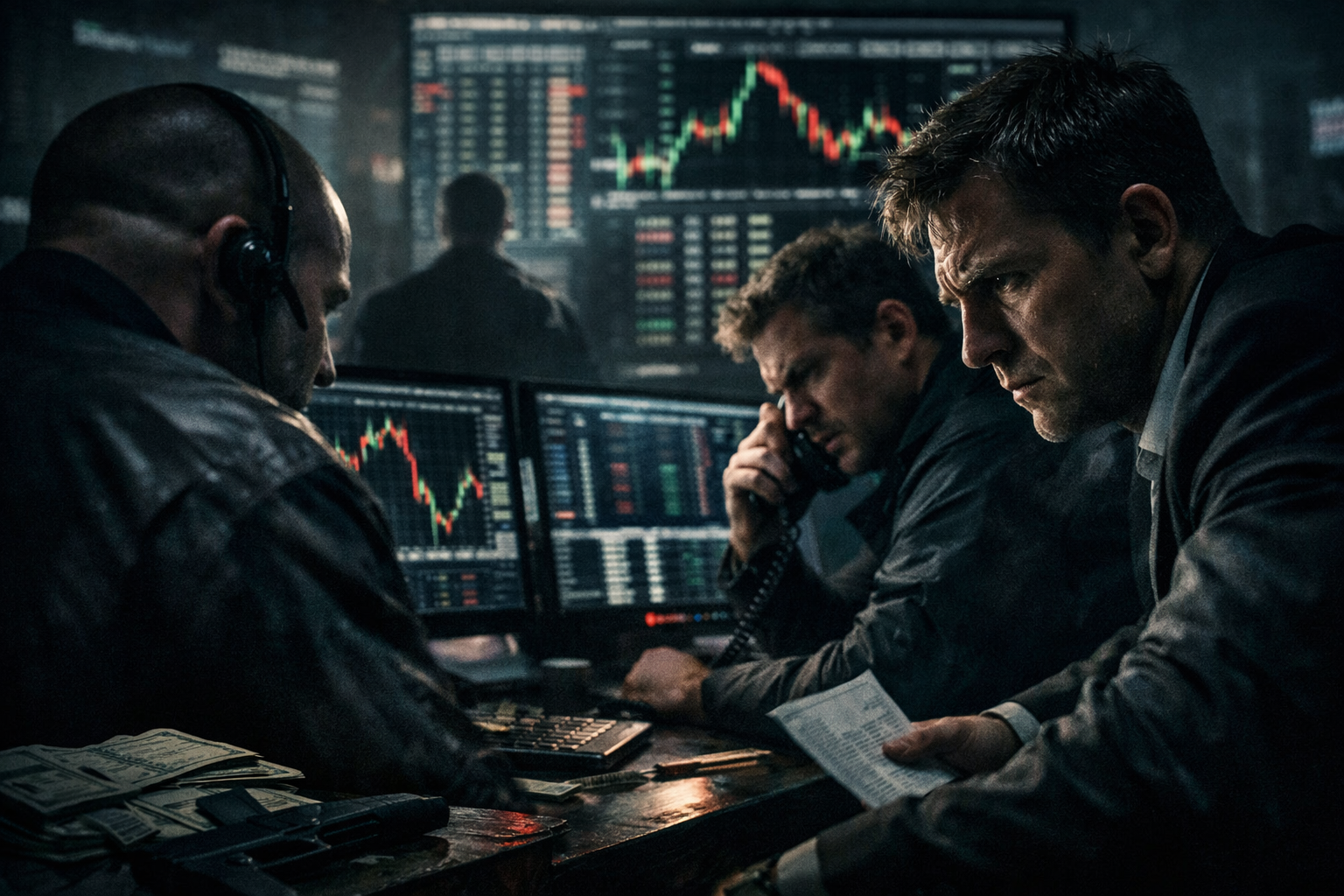 Options traders analyzing market volatility on multiple trading screens as leverage and derivatives drive modern financial markets.