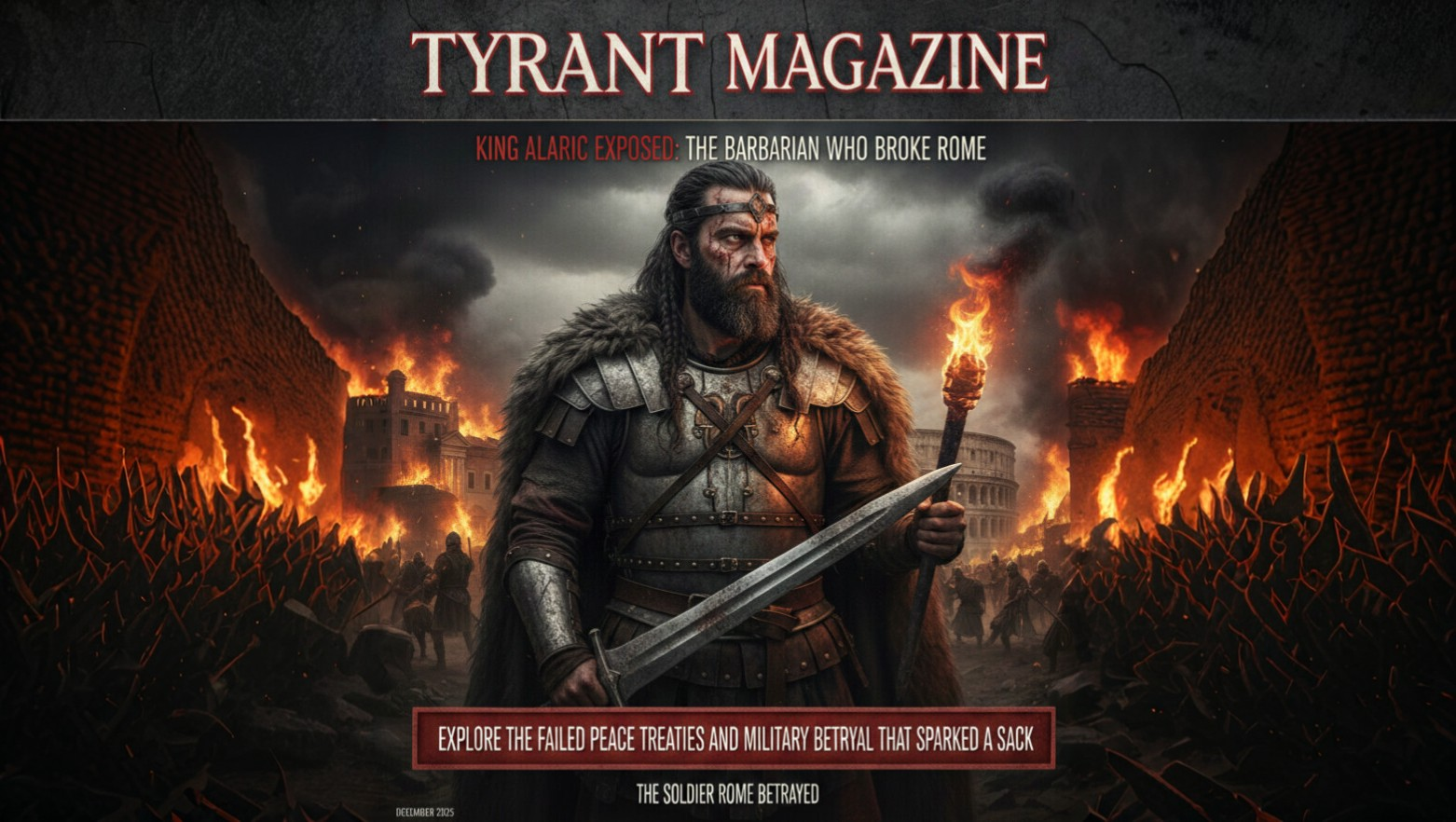 King Alaric leading the Visigoths during the Sack of Rome in 410 AD as the city burns behind him