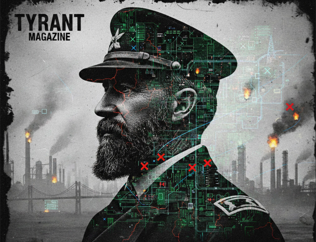 General William Tecumseh Sherman portrait with industrial war backdrop and digital strategy overlay illustrating his total war doctrine and March to the Sea campaign