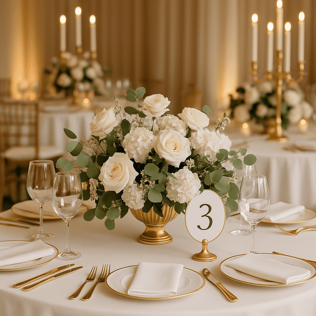 Elegant wedding table centerpiece with white roses and hydrangeas, gold accents, and candlelit ambiance.
