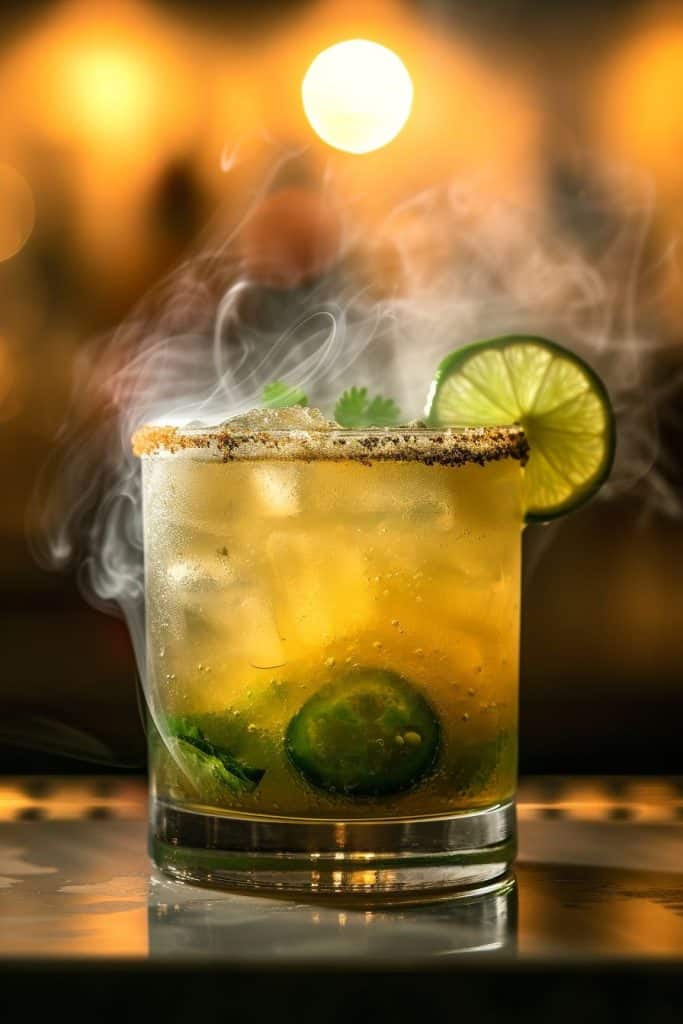 Frosted cocktail glass with lime slices and jalapeño, steaming hot, against warm bokeh background.