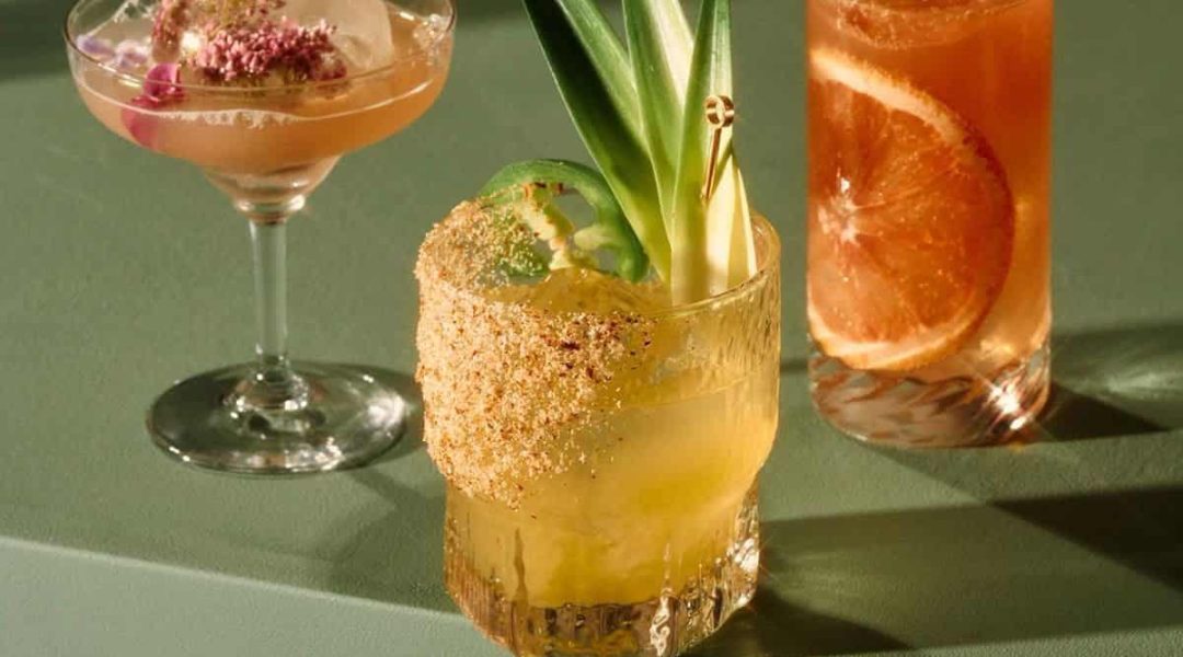 Stylish colorful cocktails served with pineapple and fruit slices for elegant event drinks.