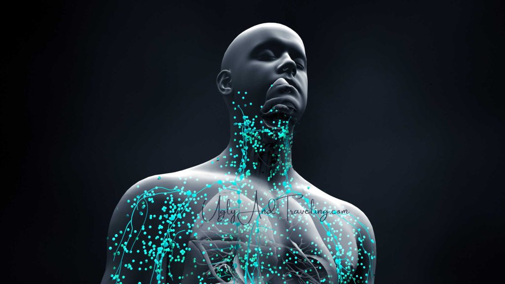 Futuristic digital human with glowing data streams on neck and shoulders.