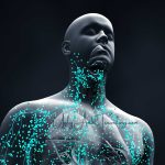 Futuristic digital human with glowing data streams on neck and shoulders.