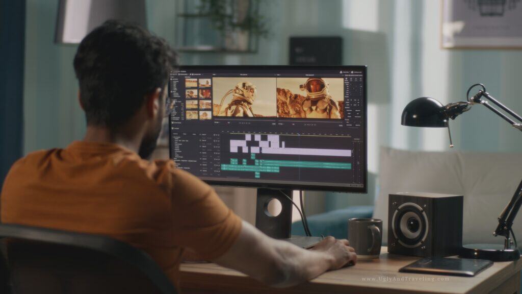 Editing a space exploration video on a computer for travel and adventure content.