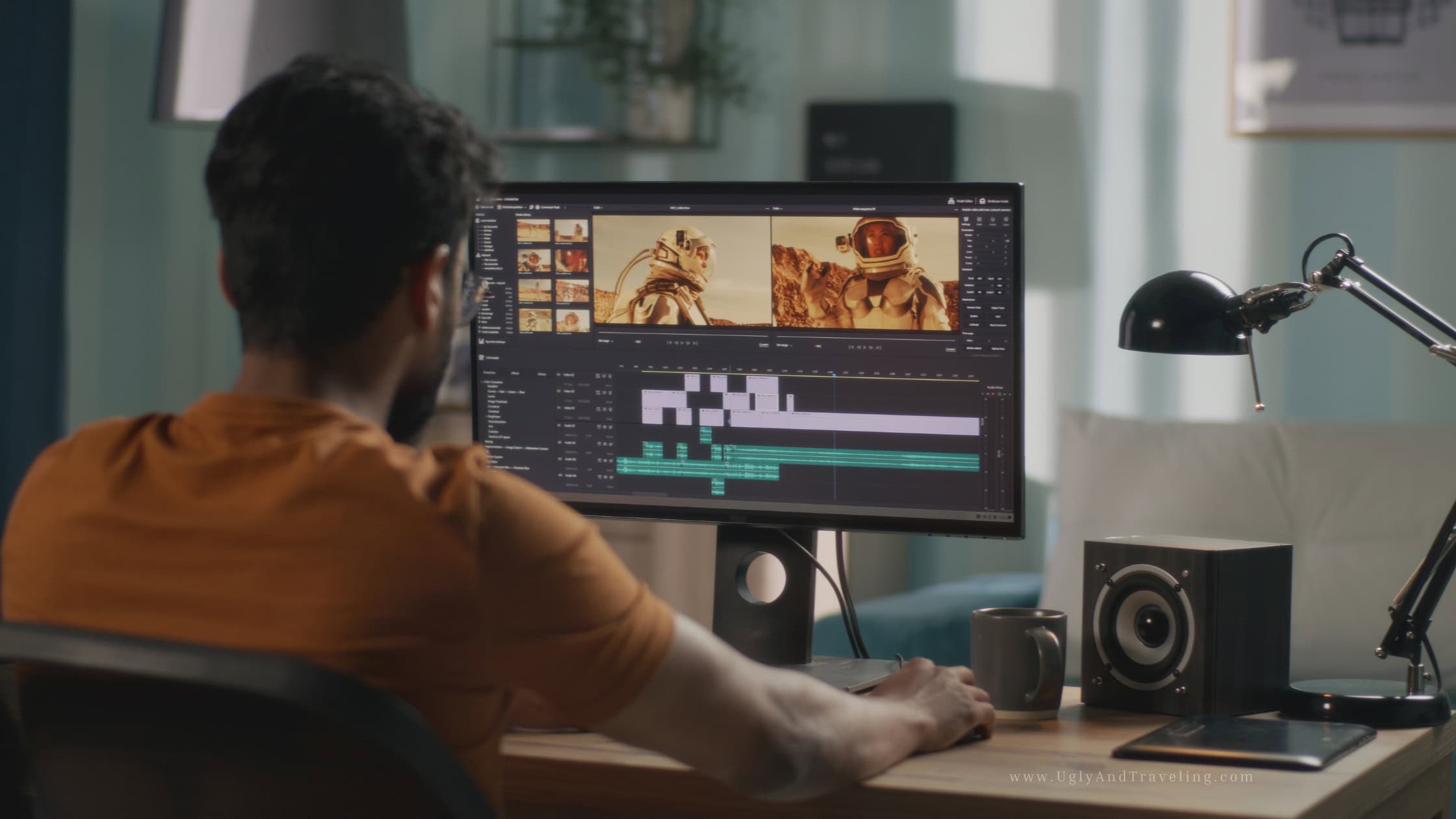 Editing a space exploration video on a computer for travel and adventure content.