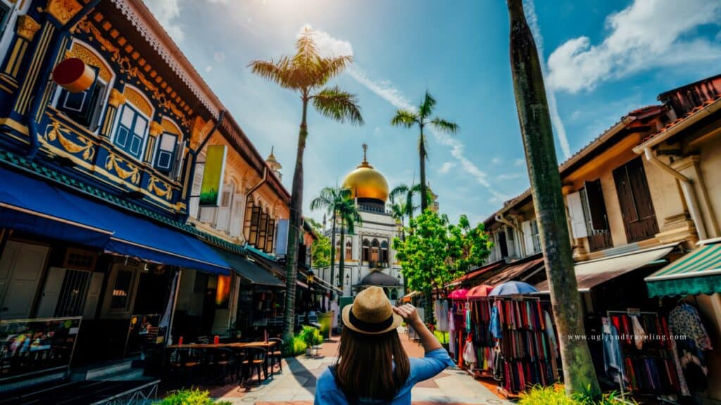 Colorful street market near Sultan Mosque in Singapore with traditional architecture and vibrant atmosphere.