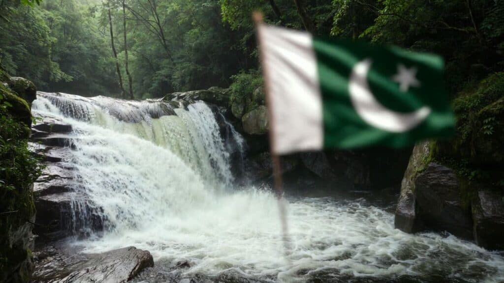 Hidden Waterfall in Pakistan with the national flag of Pakistan.
