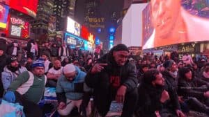 Muslims praying Taraweeh during Ramadan in Times Square, NYC.