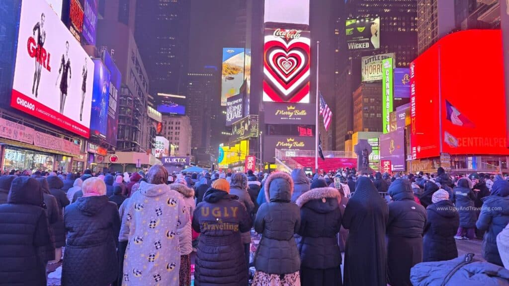 People gather for Taraweeh prayers in Times Square during Ramadan.