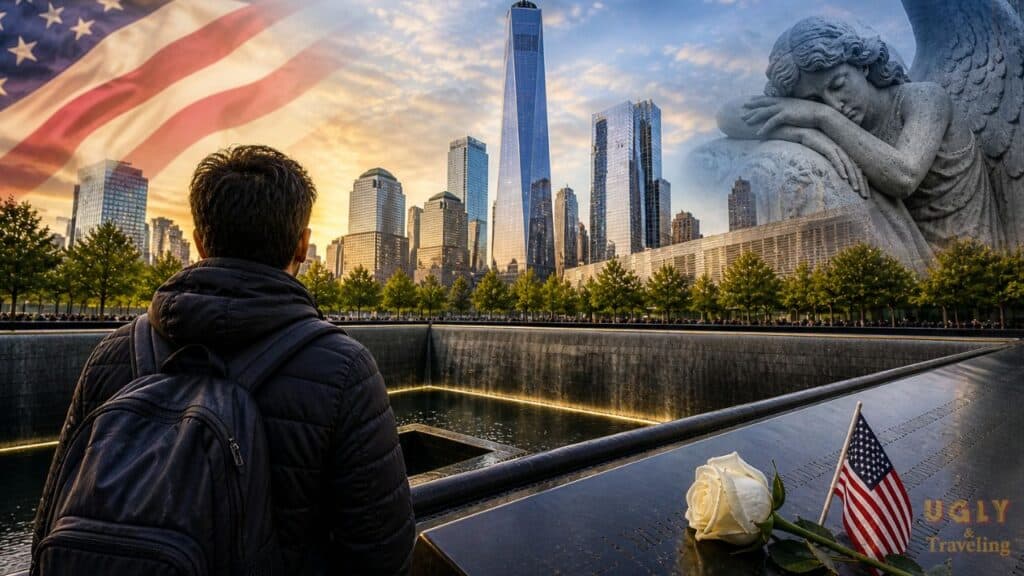 Person reflecting at the 9/11 Memorial with NYC skyline in background.